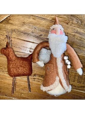 Wool felt Santa with his twig accented deer - home decor for Christmas/holidays